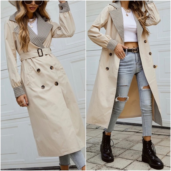 Classic Khaki Plaid Collar Long Trench Coat Winter - Picture 3 of 3